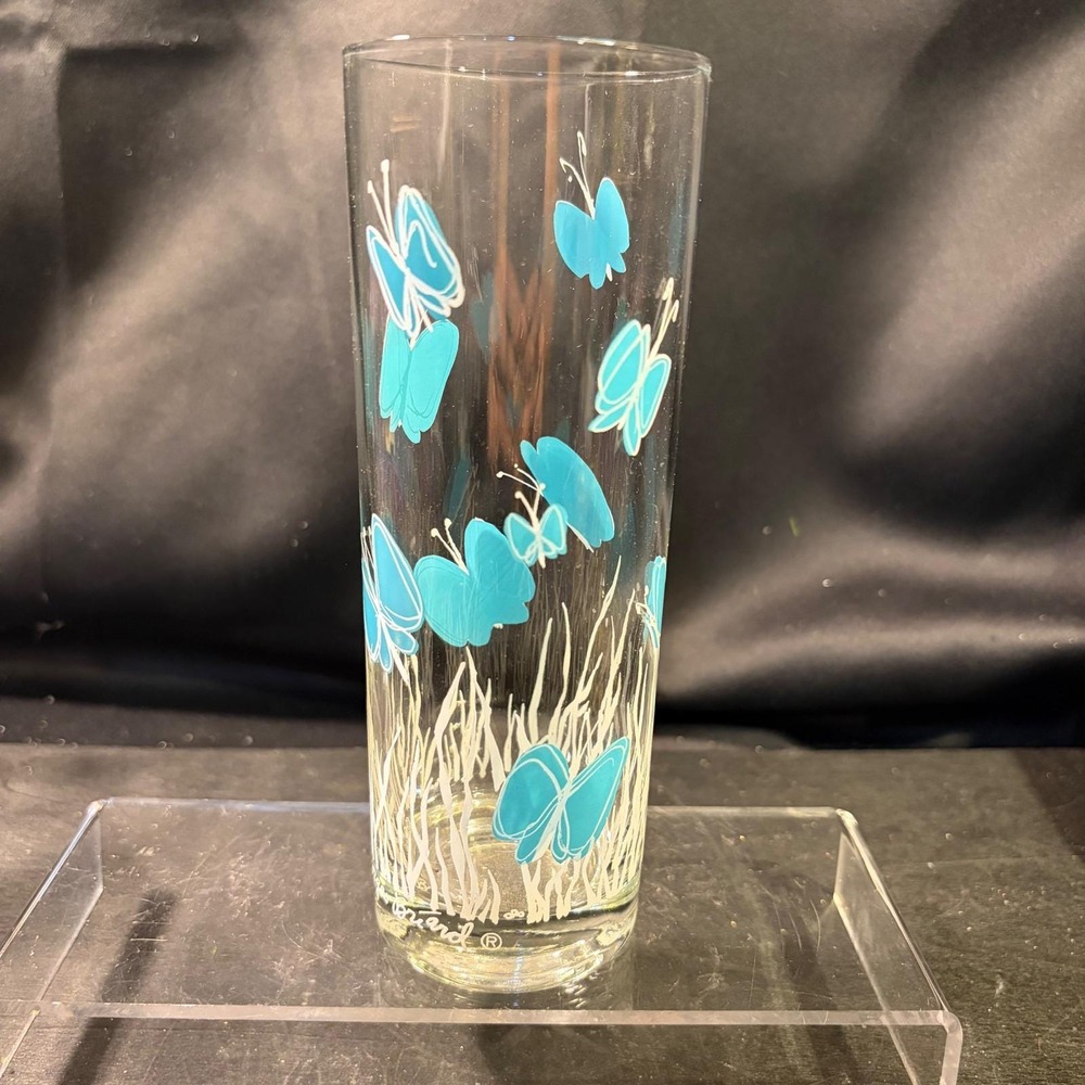 Vintage Georges Briard Turquoise Butterfly Highball Glass MCM Barware Signed